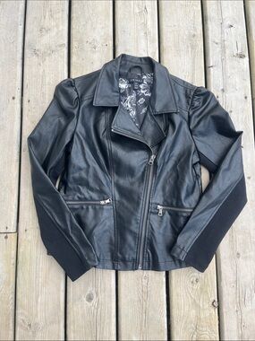 Tribal Black Faux Leather Asymmetrical Zip Motorcycle Jacket Moto Vegan Size Sm